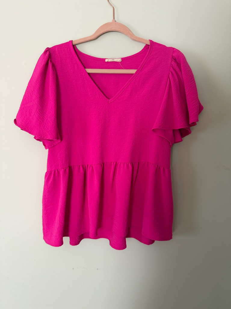 Entro Bright Pink V-Neck Flutter Sleeve Peplum Blouse